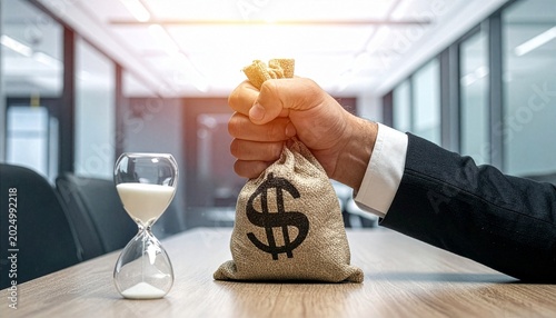 A businessman's hand clenches a burlap money bag with a dollar sign, beside an hourglass on a wooden table in a modern office, symbolizing the urgency and value of time in financial endeavors.