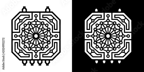 Schilderij op canvas Abstract geometric mandala-like design with circular patterns and connecting lin