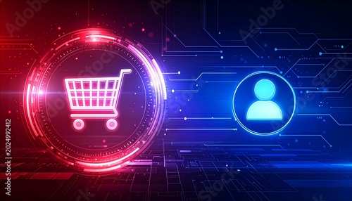 Conceptual representation of online shopping and customer service, with a shopping cart icon on the left and a user icon on the right.