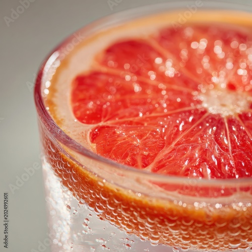Vibrant red grapefruit slice submerged in sparkling water with visible bubbles rising against a neutral background for a refreshing beverage concept