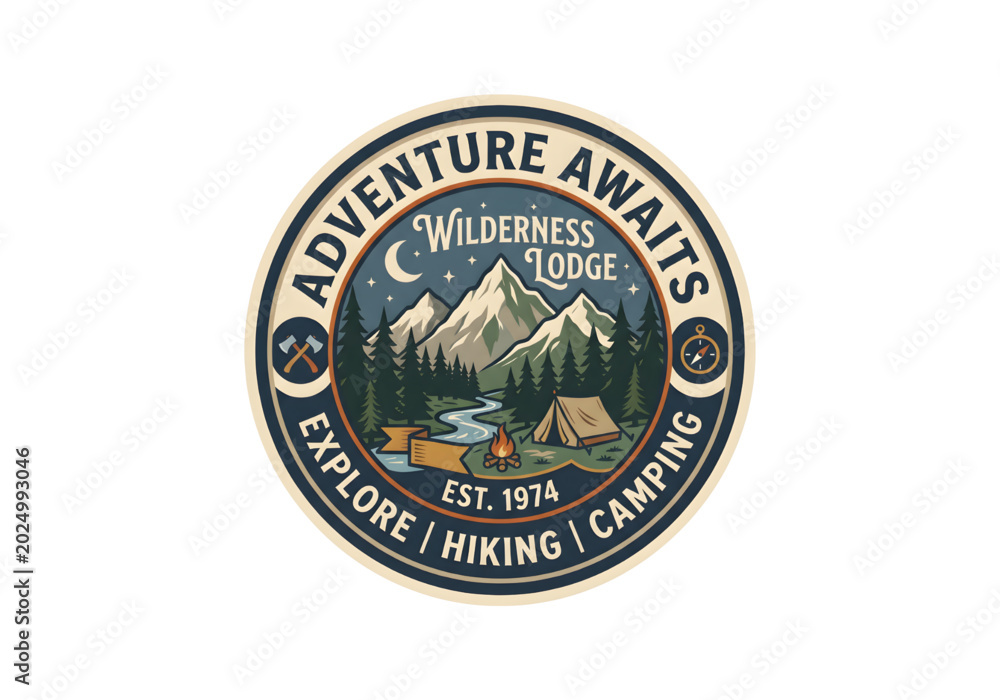 Fototapeta premium Wilderness lodge badge logo blue brown green png on transparent background