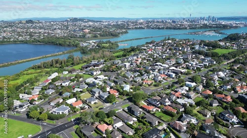 Auckland City in the Distance, Scenic Aerial View Across Orakei, New Zealand
