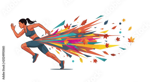 Photography Dynamic vector illustration of a female athlete sprinting with colorful autumn l