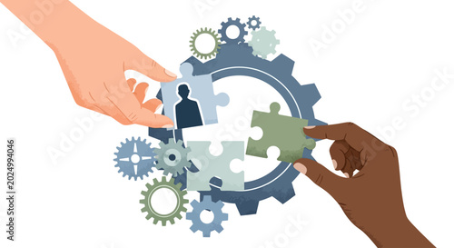 Hands connecting puzzle pieces representing teamwork and collaboration.