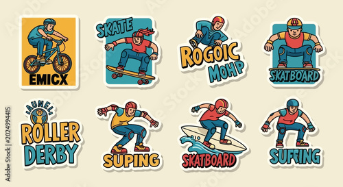 extreme sports action sticker illustration featuring youth enjoying skateboarding surfing roller derby and bmx activities.