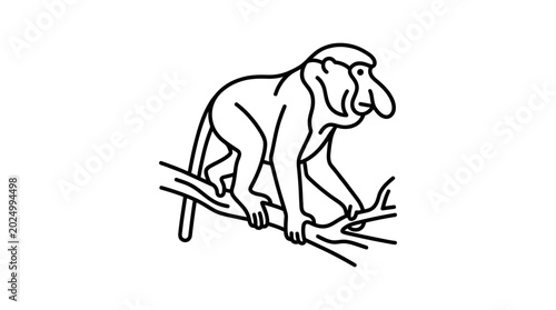 Photography Minimalist Line Art Monkey Sitting on a Tree Branch