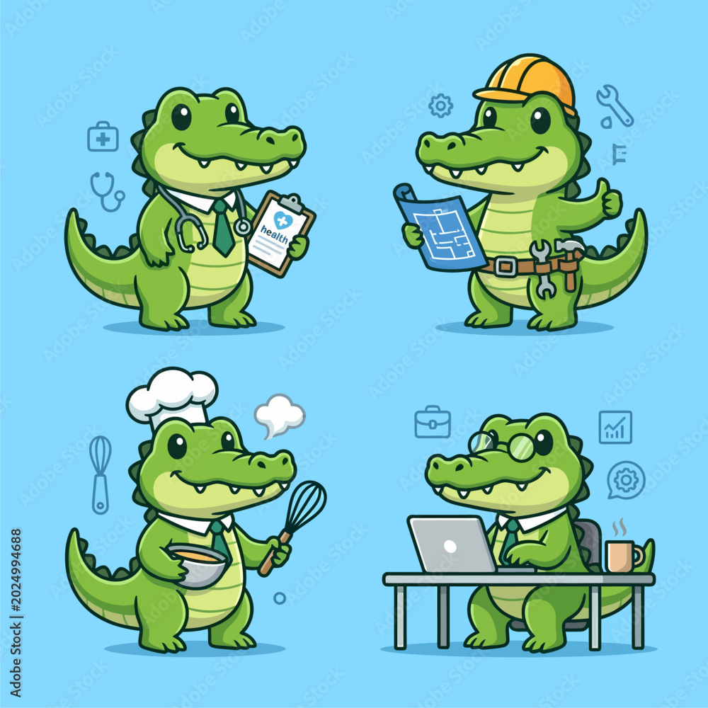 Fototapeta premium Cute Crocodile Profession Mascot Character Set