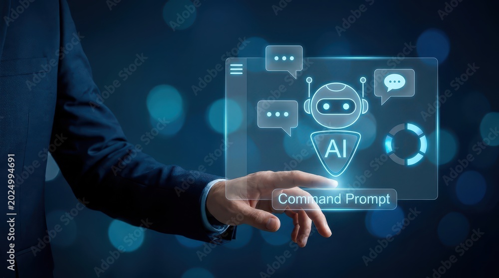 Fototapeta premium Businessman Interacting with Holographic AI Command Prompt Interface