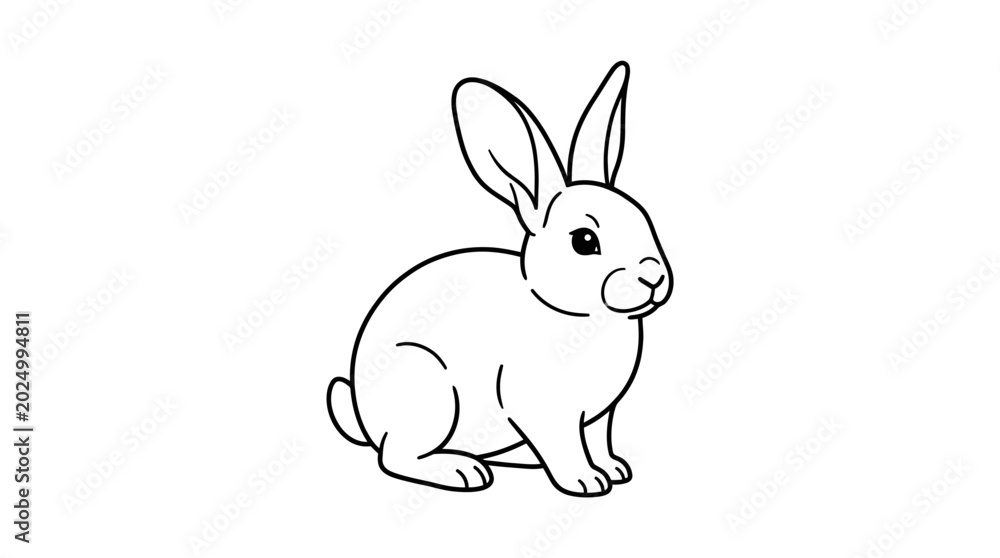 Fototapeta premium Cute outline drawing of a rabbit sitting on a white background.