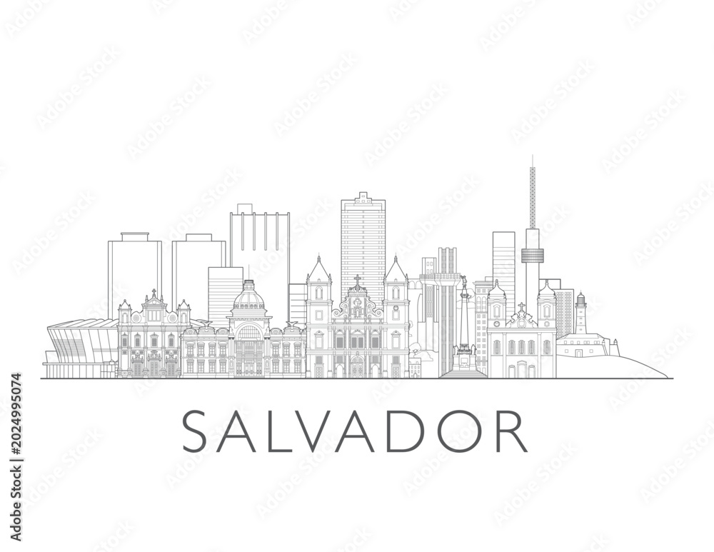 Fototapeta premium Salvador, Bahia, skyline, Brazil. Urban cityscape with landmarks and monuments. Hand drawn line art digital skyline illustration.
