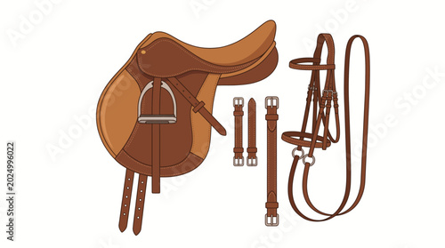 Brown leather horse saddle equipment set.