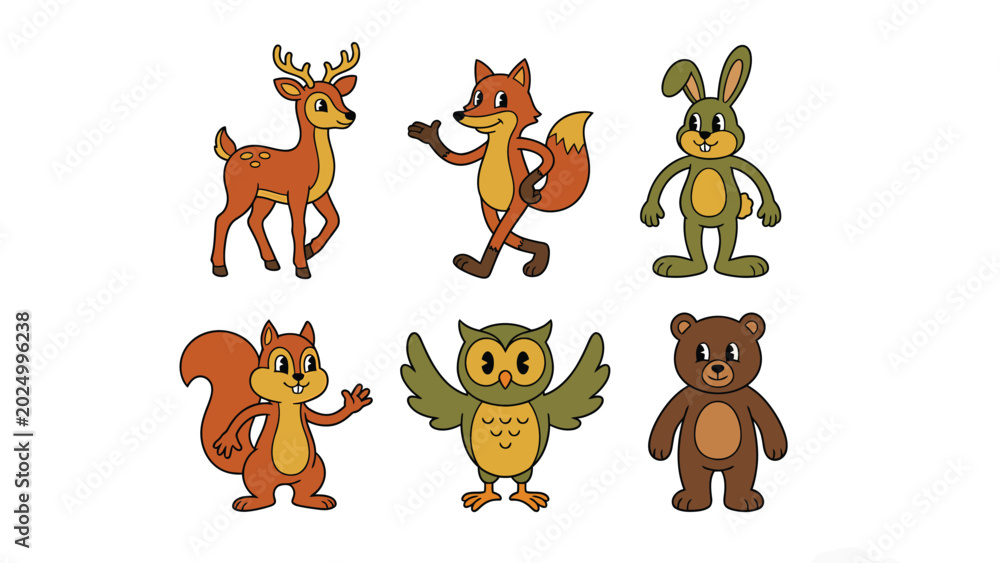 Fototapeta premium Set of cartoon forest animals including deer, fox, rabbit, squirrel, owl, and bear on a white background.