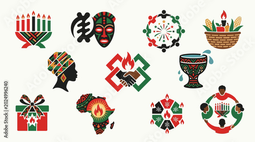 Schilderij op canvas Kwanzaa symbols and icons representing African culture and celebration
