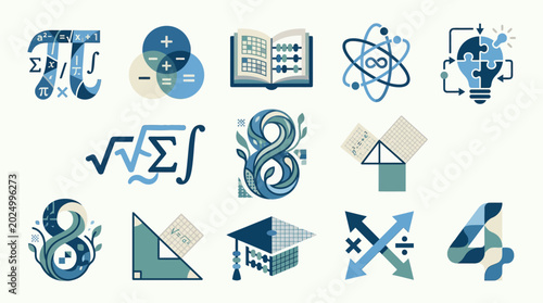 Foto Collection of mathematical symbols and concepts, including pi, calculus, algebra, geometry, and science