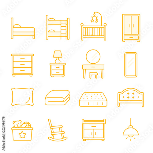 Bedroom, nursery furniture line icons set. Bunk bed, crib, wardrobe, dresser, mirror, pillow, mattress flat minimal vector illustrations. Simple outline signs. yellow duotone color, Editable