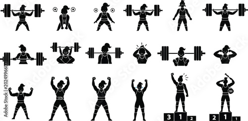 Fotografía Set of bodybuilding and fitness silhouette poses with barbell, flexing athletes,