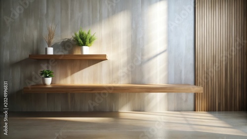 Sunlight Illuminates Minimalist Wooden Shelves with Potted Plants Against a Textured Wall