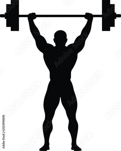 Silhouette of Weightlifter Holding Barbell Overhead on White Background
