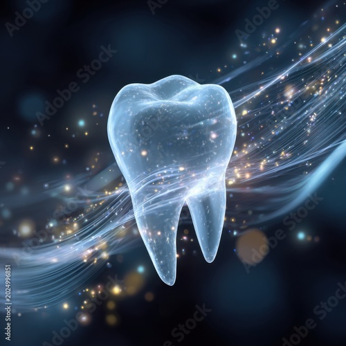 Shining translucent tooth surrounded by flowing light trails and sparkling particles on a dark background symbolizing dental health and innovation