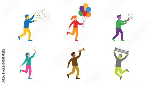 Set of six colorful flat illustrations depicting people celebrating with various festive items like confetti, balloons, and banners, perfect for party and event themes.