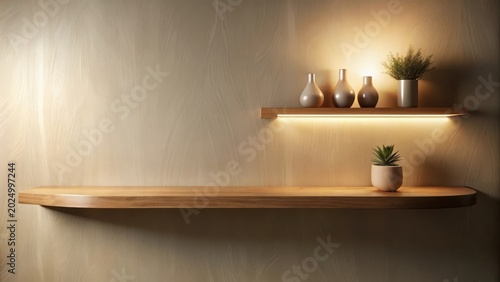 Warm lighting accentuates the minimalist design of two wooden shelves displaying simple potted plants and elegant vases against a textured wall.