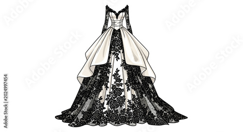 Photos Elegant black and white lace evening gown with floral pattern