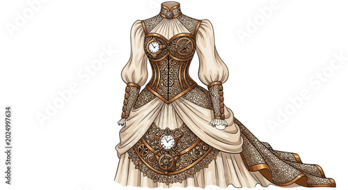Elegant steampunk victorian dress with mechanical clockwork and corset.
