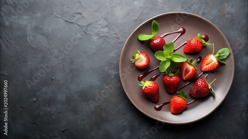 Aromatic Fresh Strawberries with Mint and Drizzled Sauce on a Dark Plate