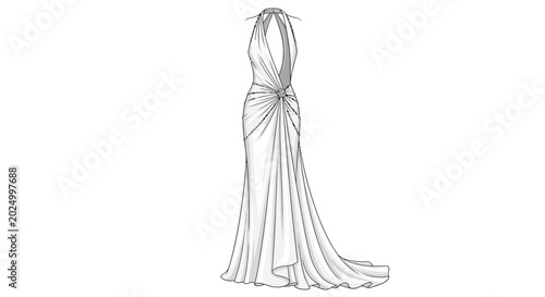 Bild auf Leinwand Fashion illustration of an elegant white evening gown with a halter neck and draped fabric