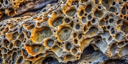Intricate Honeycomb Pattern of Coastal Sandstone Formation with Varied Textures and Hues