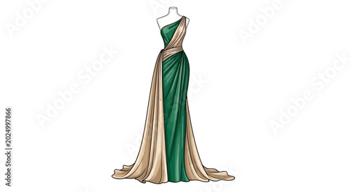 Canvastavla Elegant green evening gown on a mannequin, fashion illustration.