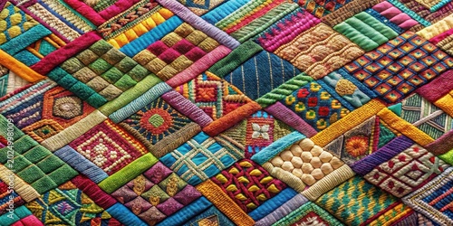 Vibrant Tapestry of Interwoven Textile Designs Featuring a Multitude of Colors and Exquisite Stitching Techniques