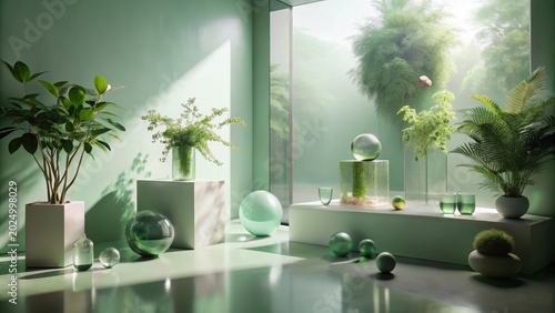 Serene Green Sanctuary Indoor Plants, Glass Spheres, and Minimalist Decor on Pale Green Platforms in a Sunlit Room