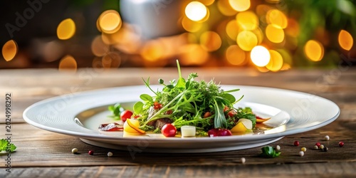 A vibrant green salad artfully arranged on an elegant white plate, presented on a rustic wooden table with a warm, inviting bokeh background.
