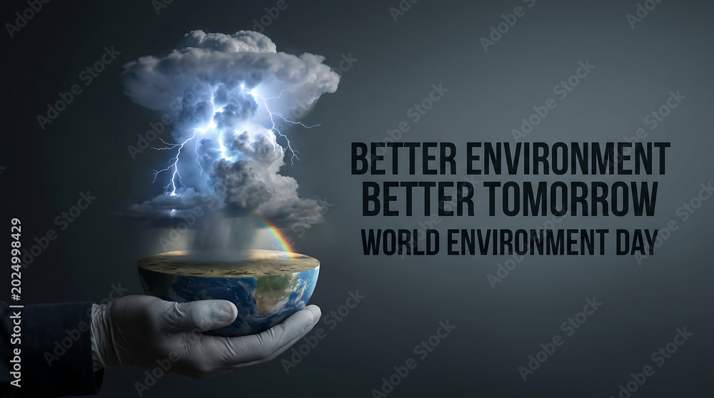 Fototapeta premium Gloved Hand Holding Half Earth With Thunderstorm and Rainbow Emerging Showing Climate Crisis Giving Way to Hope for Better Tomorrow