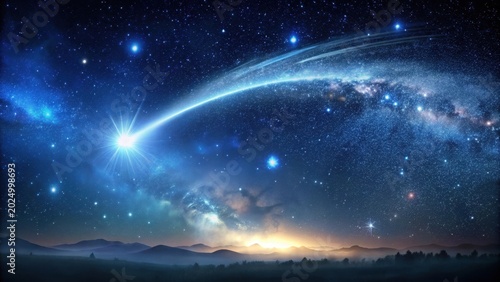 Celestial Wonder A Bright Comet Streaks Across a Starry Night Sky Over a Misty Landscape