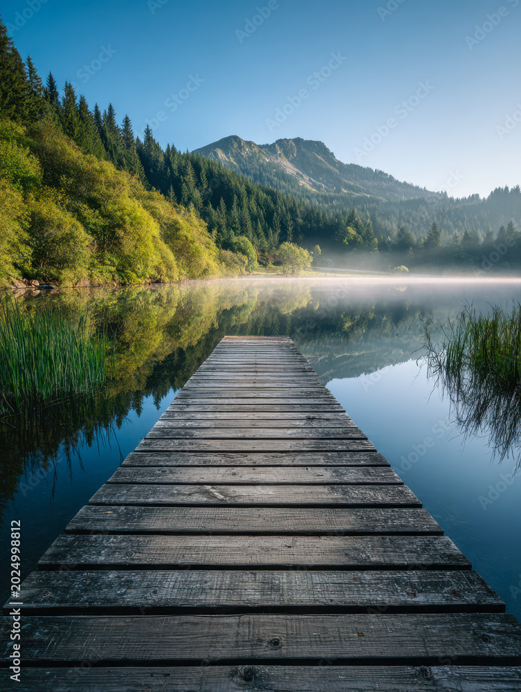 Obraz premium Wooden pier extending over a tranquil mountain lake surrounded by lush evergreen forest and early morning mist under a clear blue sky
