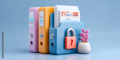 Secure document storage with lock icon representing data protection cybersecurity and safe management of sensitive business information in digital systems