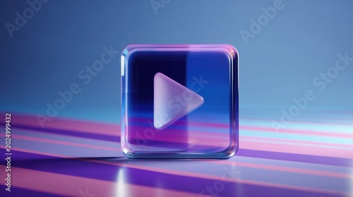 Transparent glass play button with glowing purple and blue neon light reflections casting dynamic stripes on a smooth surface against a gradient background