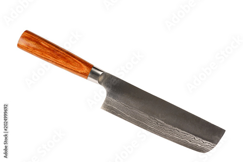 Japanese-style kitchen knife with a wooden handle and Damascus steel blade isolated on a white background. Ideal for culinary, cooking, gastronomy, and professional kitchen concepts.