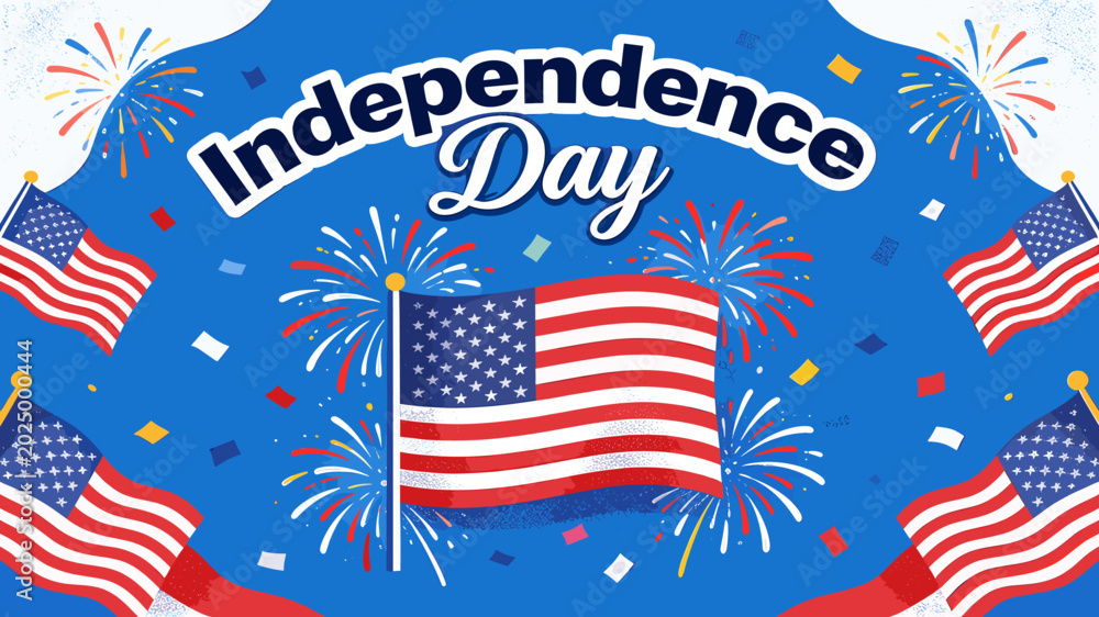 Obraz premium Vibrant Independence Day celebration with American flags and fireworks on a blue background.