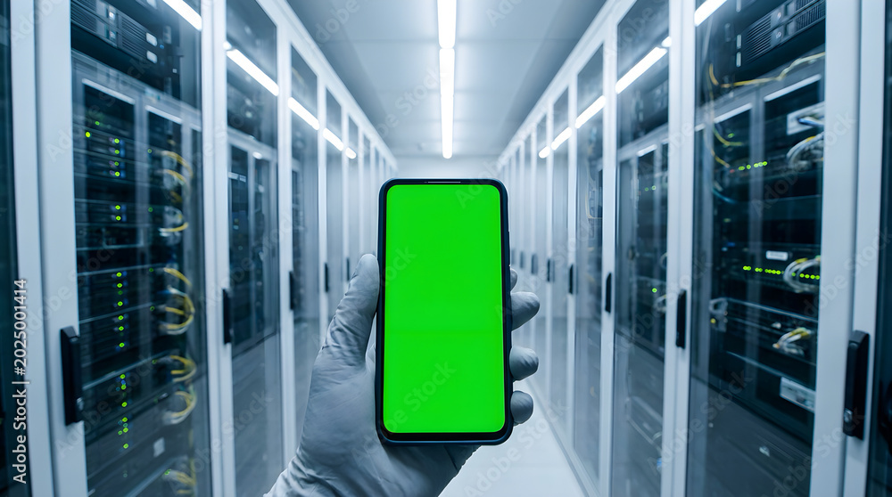 Obraz premium Person in a server room holding a smartphone with a green screen data center mobile phone chroma key gloved hands server racks