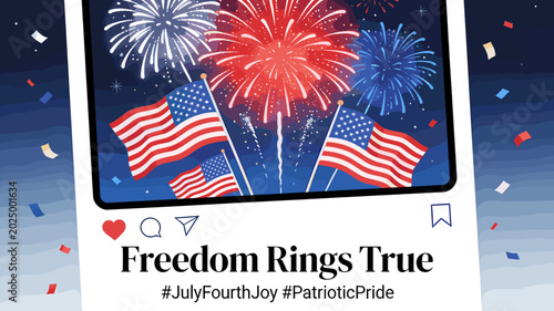Konstfotografi Vibrant fireworks display in red, white, and blue illuminate the night sky, accompanied by American flags and confetti, celebrating freedom and patriotism