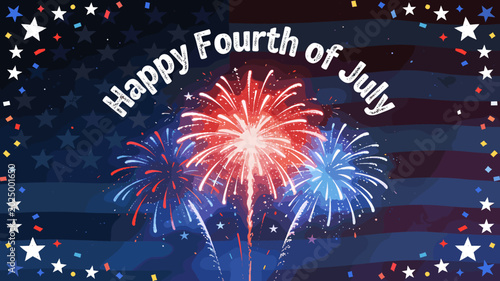 Foto Vibrant Fourth of July fireworks explode in front of a blurred American flag, celebrating Independence Day with a festive display