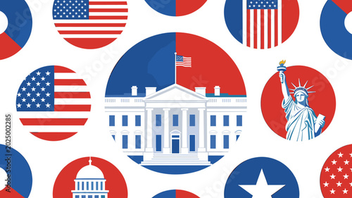 Obraz na płótnie A vibrant pattern of American political and national symbols, featuring the White House, Statue of Liberty, and US flags in red and blue circles, representing democracy and government