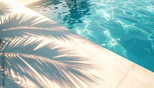 Luxury Tropical Summer Background with Pool Reflection and Palm Shadow