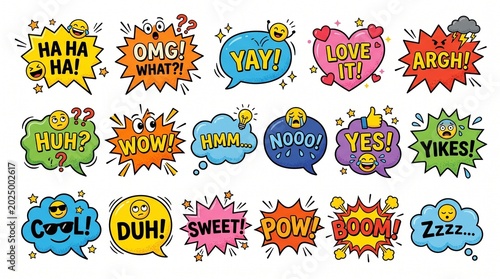 A vibrant collection of colorful cartoon speech bubbles featuring diverse emotional exclamations and sound effects.