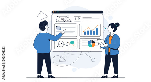 HR team analyzing human resources data and metrics on a digital dashboard.