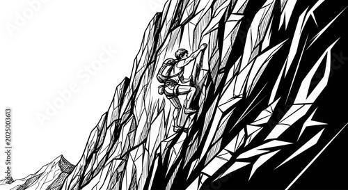 Foto Man climbing a steep rocky mountain face in a striking black and white illustration