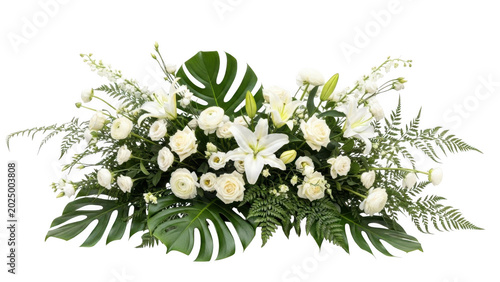 Luxurious white floral arrangement with lilies roses and diverse green foliage isolated on transparent background